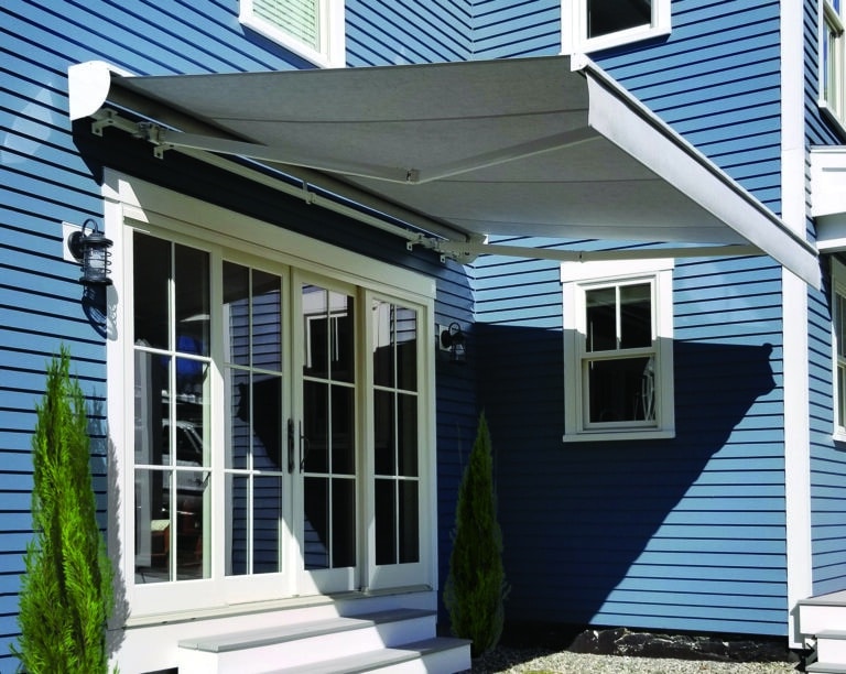 Motorized retractable awning gray sideview with straight valance