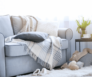Cozy blue furniture and blankets