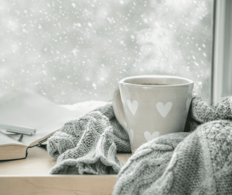 hot cocoa and blankets in the winter