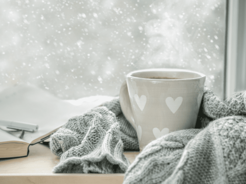 hot cocoa and blankets in the winter