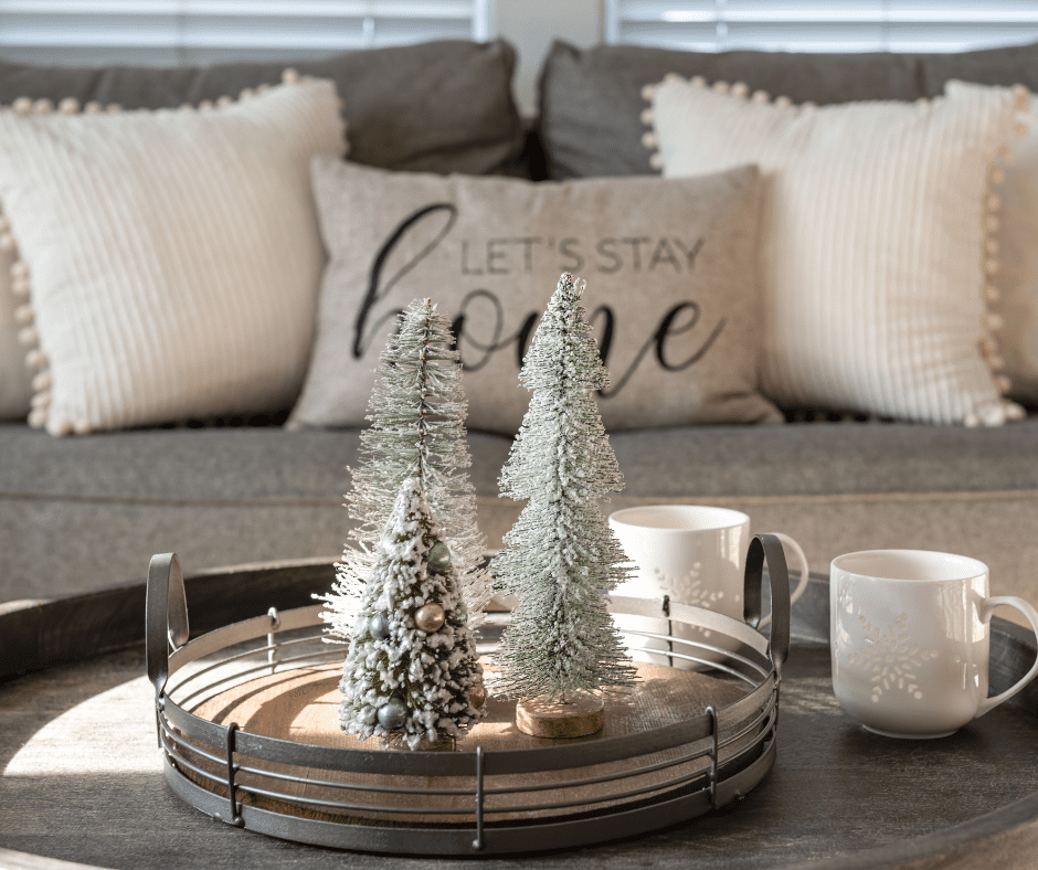 Couch with winter coffee table decor