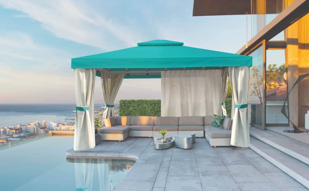 square cabana with curtains and privacy panels