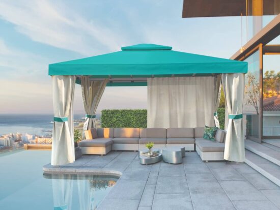 square cabana with curtains and privacy panels