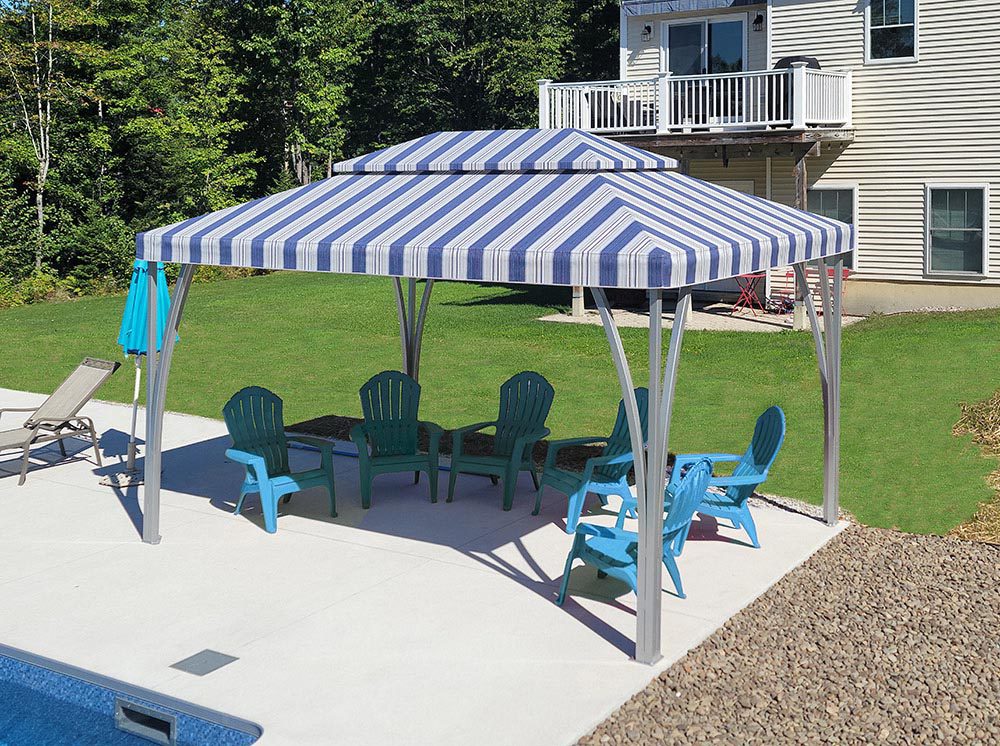 Open Air Cabana Covers blue chairs sitting poolside