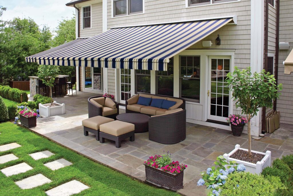 Retractable Awning Navy beige double with straight valance | Professional Awning Installation