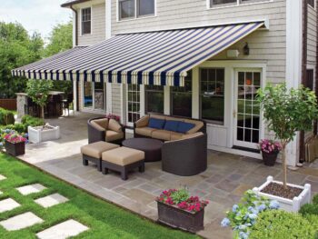 Retractable Awning Navy beige double with straight valance | Professional Awning Installation