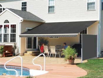Combining a horizontal shade with an awning creates a shady outdoor oasis, even on the sunniest days.