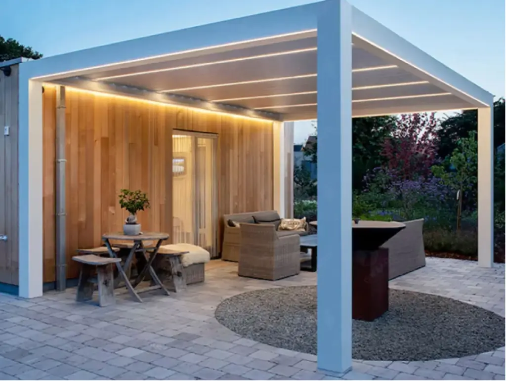 White Louvered Roof Pergola with lights