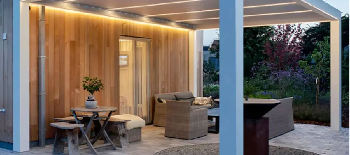 White Louvered Roof Pergola with lights