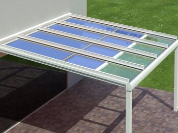 Enjoy the shade by installing a tension shade under or above an existing roof structure. This one is installed under an existing glass roof