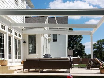 Pergola with the tension shade unit open.