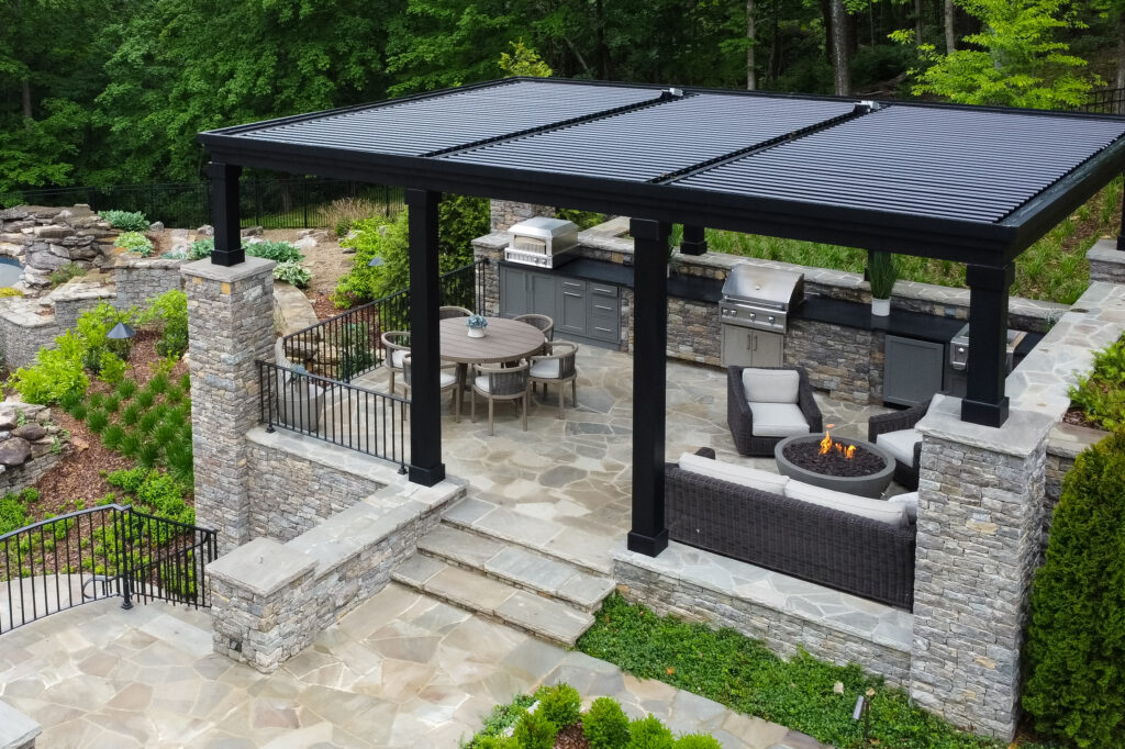 Arial black louvered roof pergola outdoor living space
