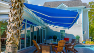 Large blue motorized awning side view